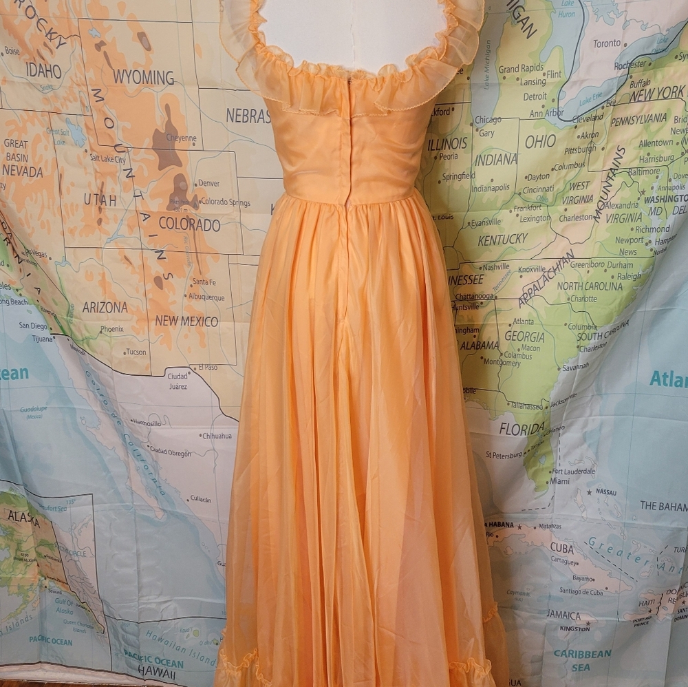 Vintage 1970s Full-length Prom Dress Peach Ruffles Long Flowy Chiffon Formal - Picture 6 of 16